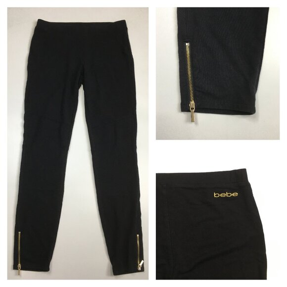 BEBE Black Gold Logo Back Moto Look Zip Ankle Skinny Leg Pull On Pant - Picture 1 of 13